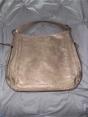Boho Taupe Faux Leather Hobo Shoulder Bag with Braided Detail